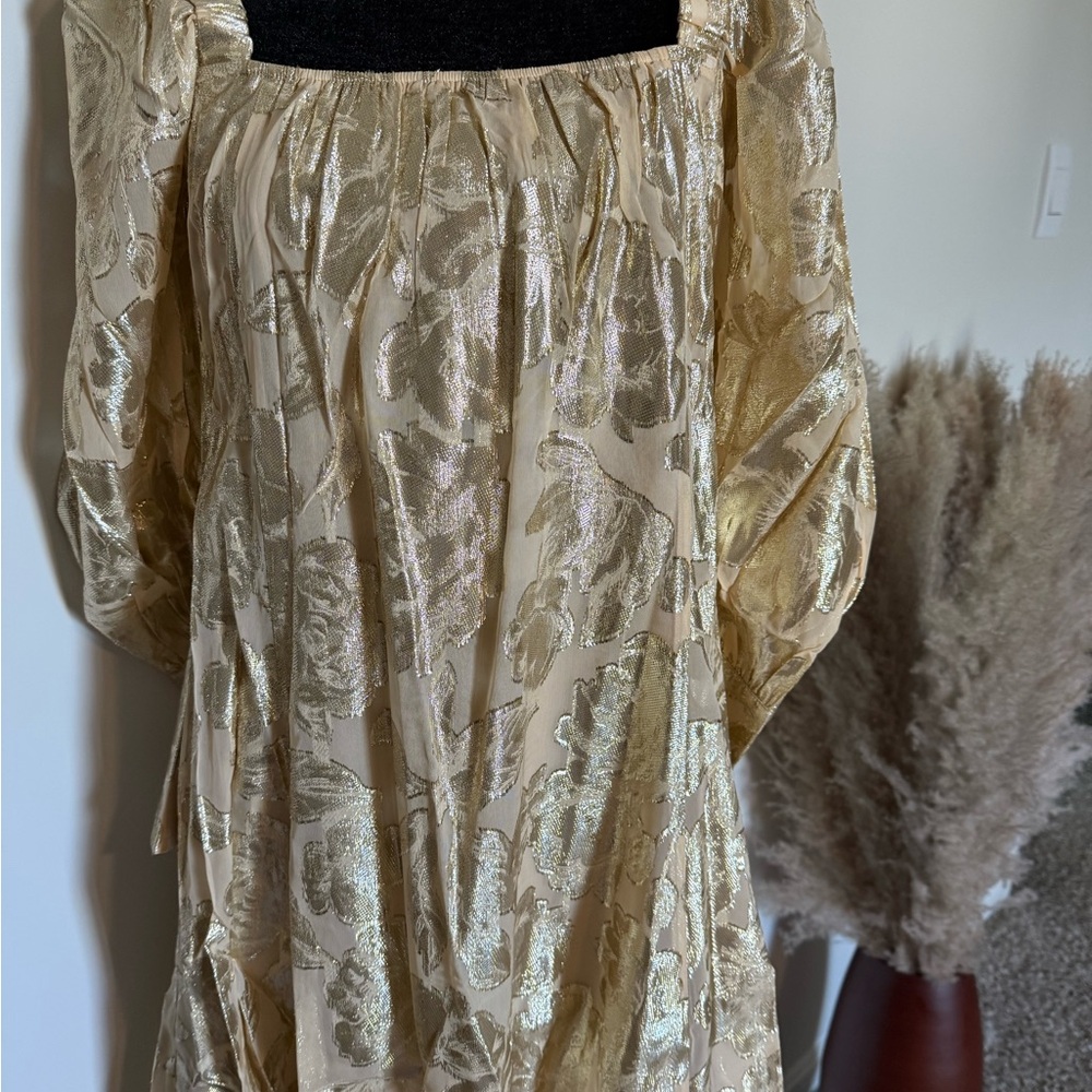 Gold Floral Patterned Babydoll Dress